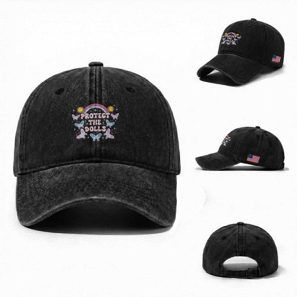 Protect The Dolls Washed Cotton Baseball Cap Trans Women Pride Month Retro Groove Butterfly TS11 Washed Cap Universal Fit Black Print Your Wear