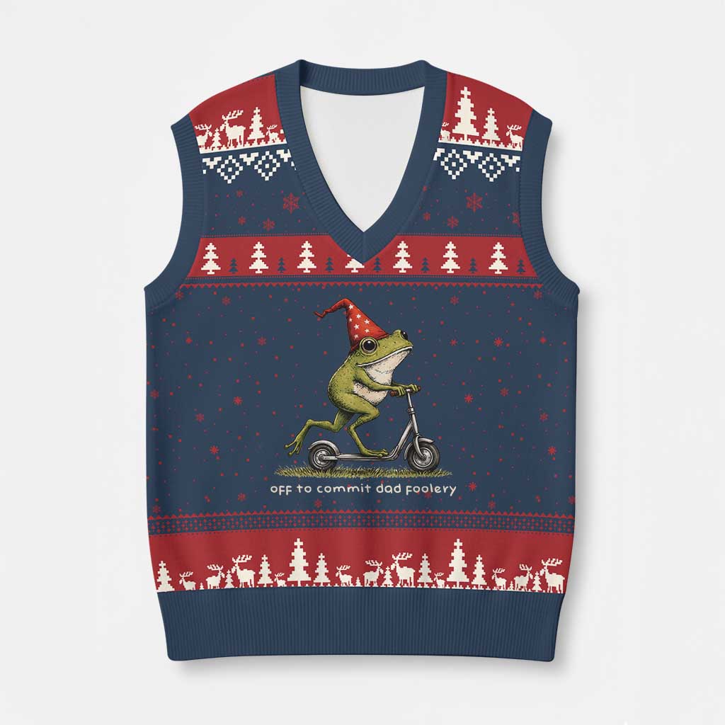 Off To Commit Dad Foolery V-Neck Knit Sweater Vest Funny Daddy Frog Scooter Fathers Day TS11 Navy Red Print Your Wear