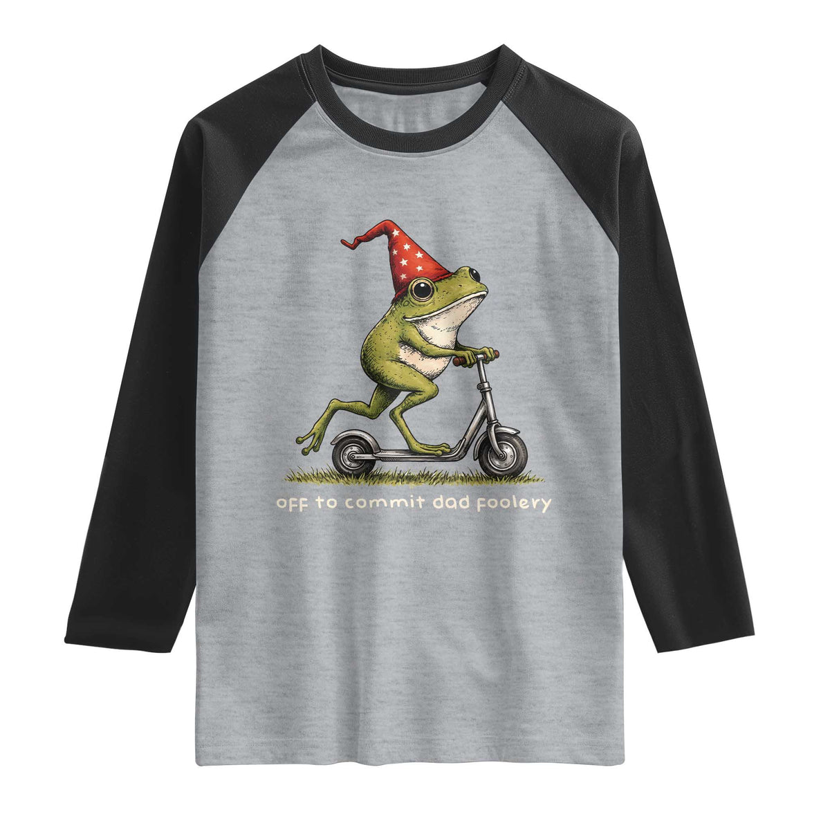 Off To Commit Dad Foolery Raglan Shirt Funny Daddy Frog Scooter Fathers Day TS11 Heather Gray Black Print Your Wear