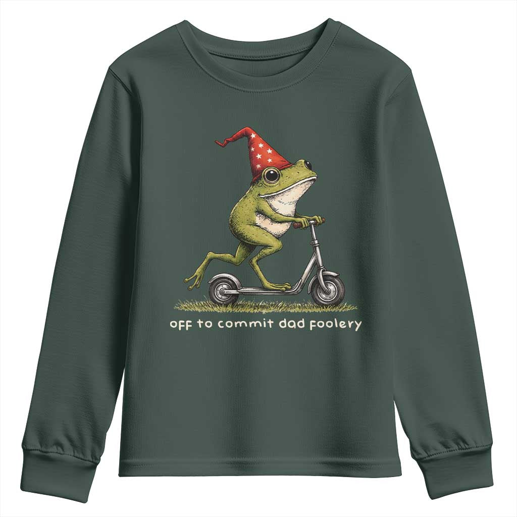 Off To Commit Dad Foolery Youth Sweatshirt Funny Daddy Frog Scooter Fathers Day TS11 Dark Forest Green Print Your Wear