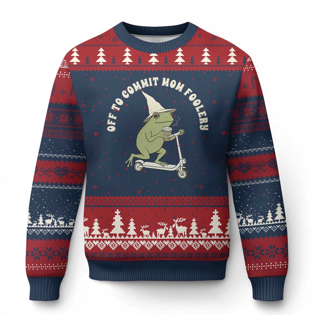 Off To Commit Mom Foolery Ugly Christmas Sweater Funny Mama Frog Scooter Mother's Day TS11 Navy Red Print Your Wear