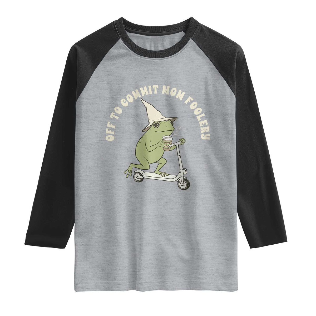 Off To Commit Mom Foolery Raglan Shirt Funny Mama Frog Scooter Mother's Day TS11 Heather Gray Black Print Your Wear