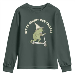Off To Commit Mom Foolery Youth Sweatshirt Funny Mama Frog Scooter Mother's Day TS11 Dark Forest Green Print Your Wear