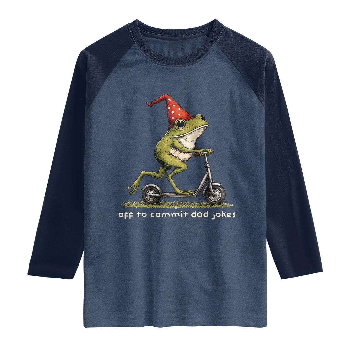 Off To Commit Dad Jokes Raglan Shirt Funny Daddy Frog Scooter Fathers Day TS11 Heather Denim Navy Print Your Wear