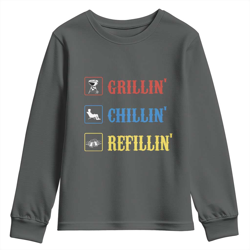 BBQ Lover Youth Sweatshirt Grilling Chillin' Grillin' Refillin' Smoker TS11 Dark Heather Print Your Wear