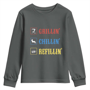 BBQ Lover Youth Sweatshirt Grilling Chillin' Grillin' Refillin' Smoker TS11 Dark Heather Print Your Wear