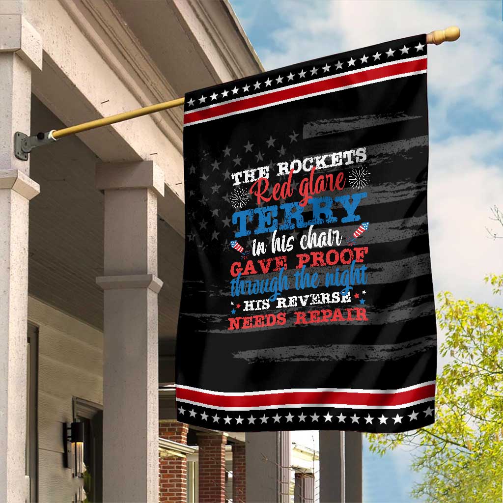 Funny The Rockets Red Glare Terry In His Chair His Reverse Needs Repair Garden Flag 4th Of July Meme TS11 Distressed Black Red Print Your Wear
