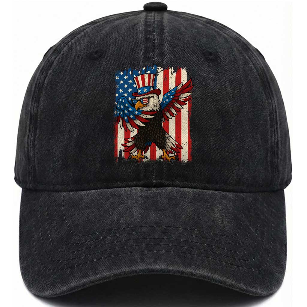 Funny Patriotic Dabbing American Flag Bald Eagle 4th Of July Washed Cotton Baseball Cap TS11 Washed Cap Universal Fit Black Print Your Wear