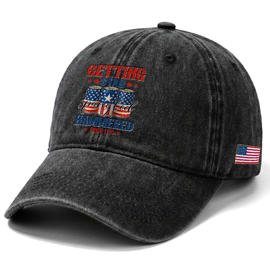 Funny Getting Star Spangled Hammered Since 1776 Washed Cotton Baseball Cap 4th of July Beers American Flag TS11 Print Your Wear