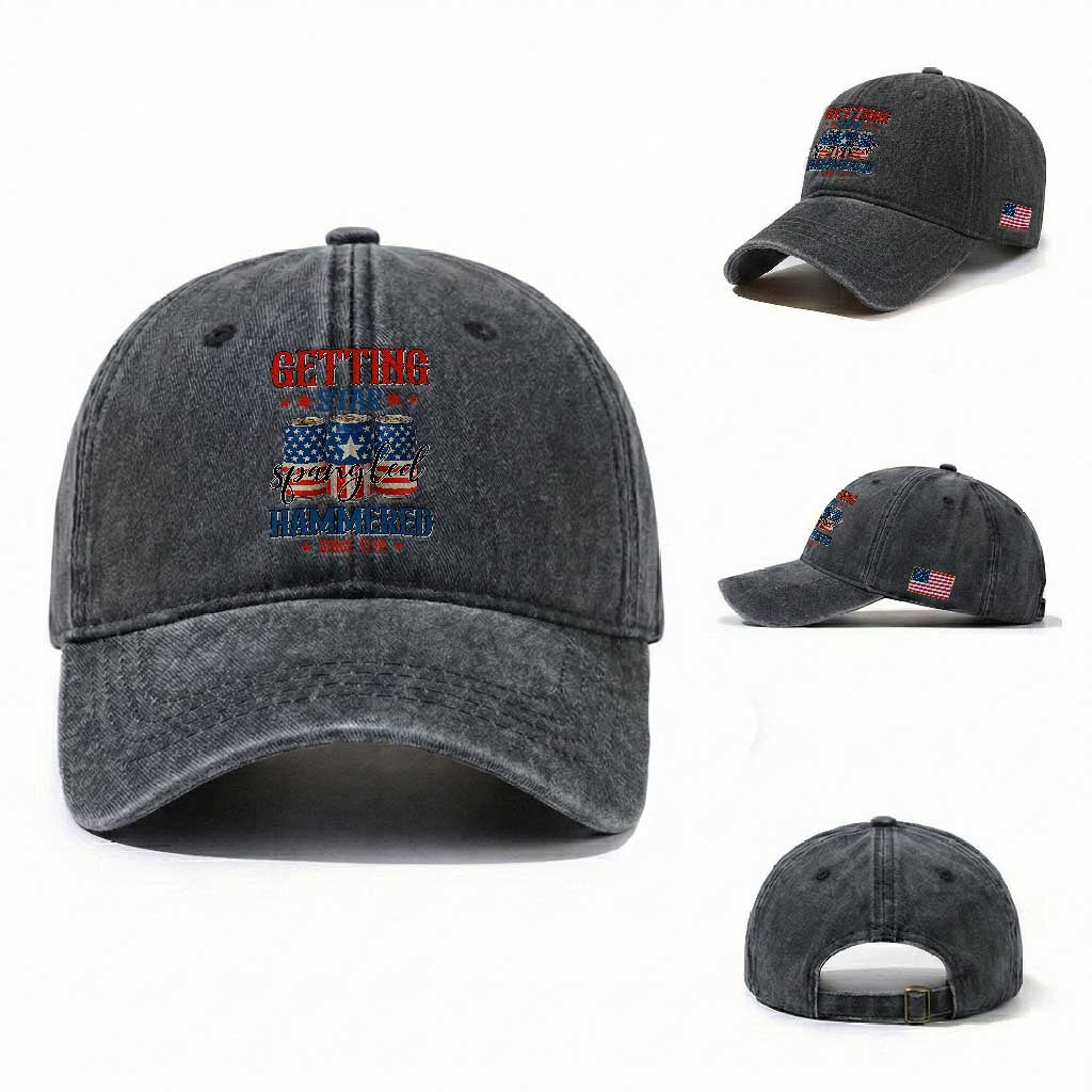 Funny Getting Star Spangled Hammered Since 1776 Washed Cotton Baseball Cap 4th of July Beers American Flag TS11 Washed Cap Universal Fit Dark Gray Print Your Wear