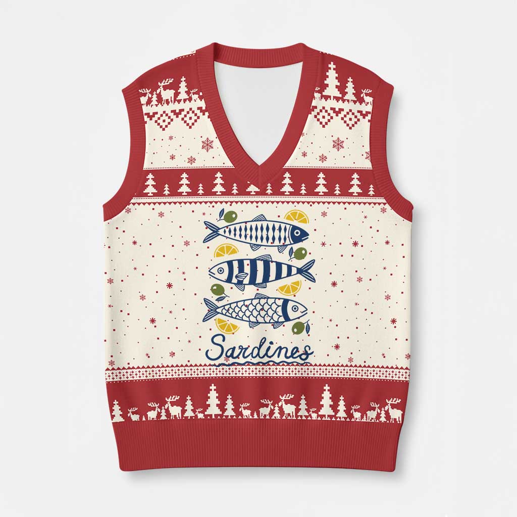 Minimal Sardines Fishermen Aesthetic Retro V-Neck Knit Sweater Vest TS11 Beige Red Print Your Wear