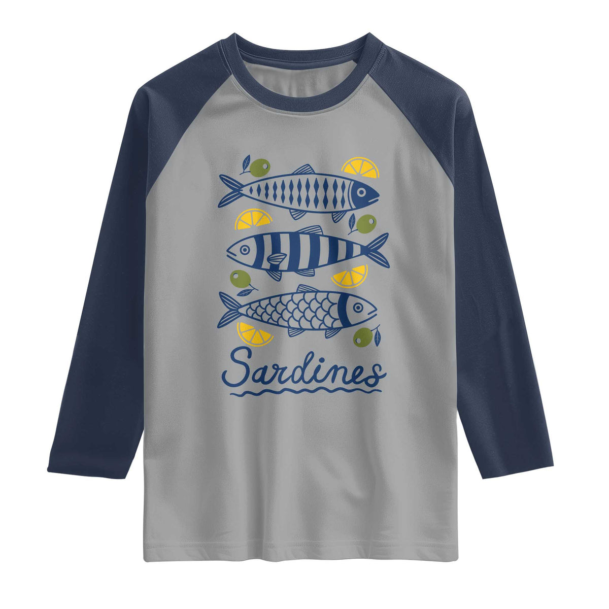 Minimal Sardines Fishermen Aesthetic Retro Raglan Shirt TS11 Sport Gray Navy Print Your Wear