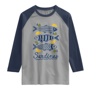 Minimal Sardines Fishermen Aesthetic Retro Raglan Shirt TS11 Sport Gray Navy Print Your Wear