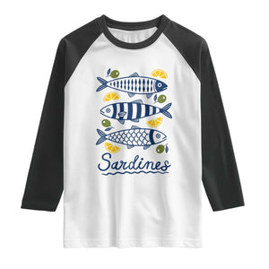 Minimal Sardines Fishermen Aesthetic Retro Raglan Shirt TS11 White Black Print Your Wear