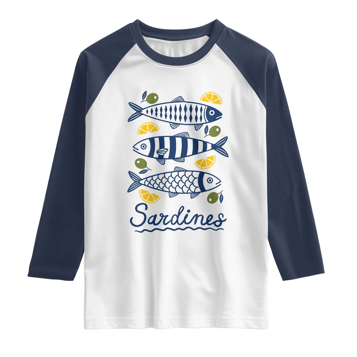 Minimal Sardines Fishermen Aesthetic Retro Raglan Shirt TS11 White Navy Print Your Wear