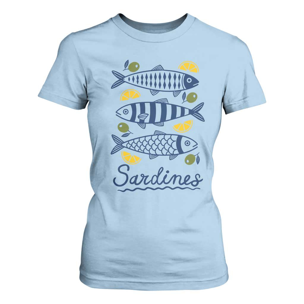 Minimal Sardines Fishermen Aesthetic Retro T Shirt For Women TS11 Light Blue Print Your Wear