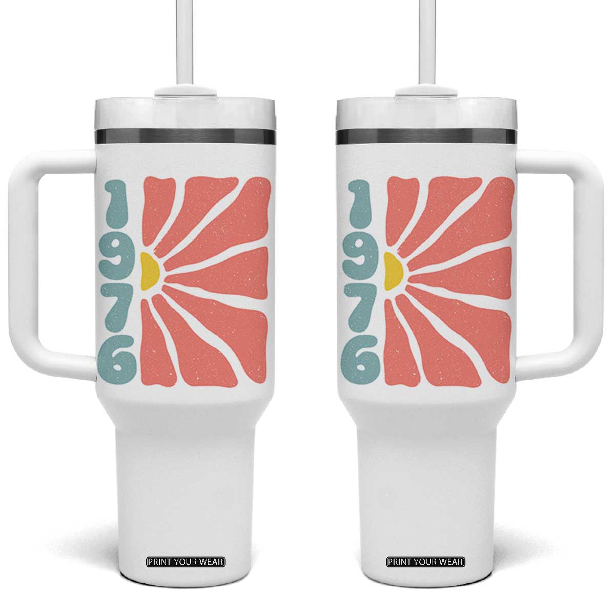 50th Birthday Tumbler With Handle Vintage 1976 Boho Flowers 50 Years Old Birthday TS11 One Size: 40 oz White Print Your Wear