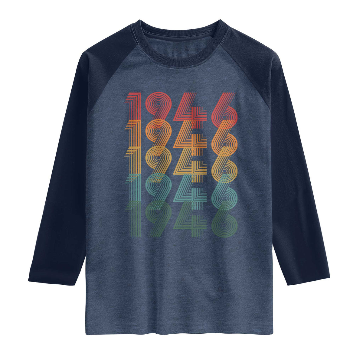 80th Birthday Raglan Shirt Vintage 1946 Retro 80 Years Old Birthday TS11 Heather Denim Navy Print Your Wear