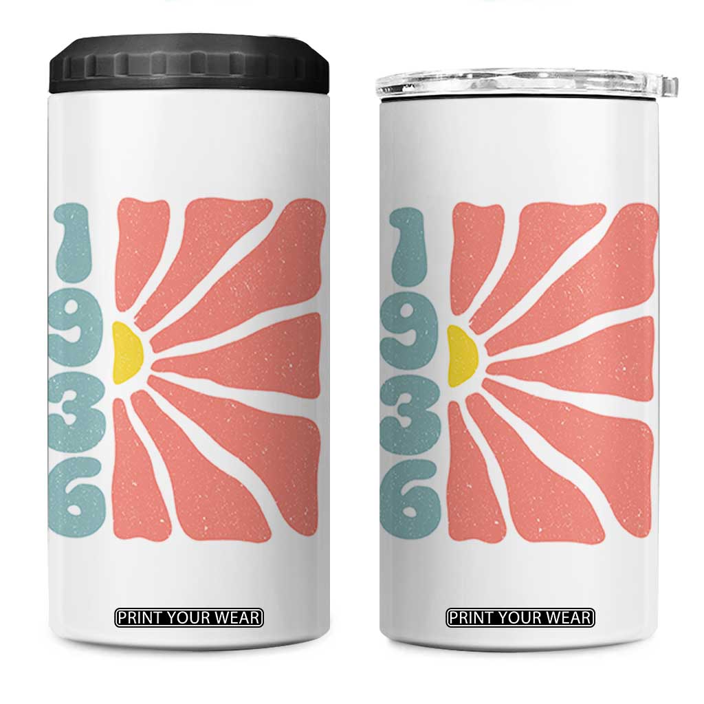 90th Birthday 4 in 1 Can Cooler Tumbler Vintage 1936 Boho Flowers 90 Years Old Birthday