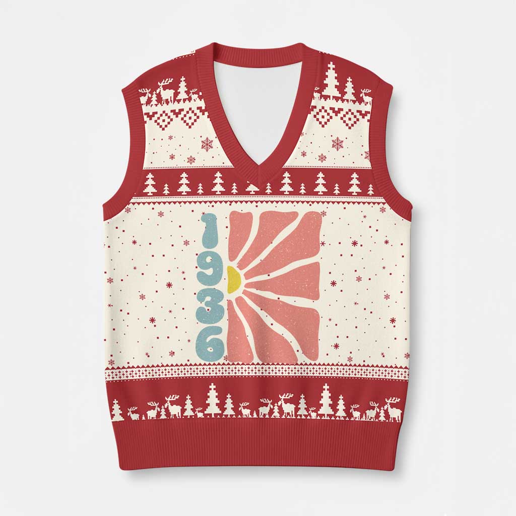 90th Birthday V-Neck Knit Sweater Vest Vintage 1936 Boho Flowers 90 Years Old Birthday