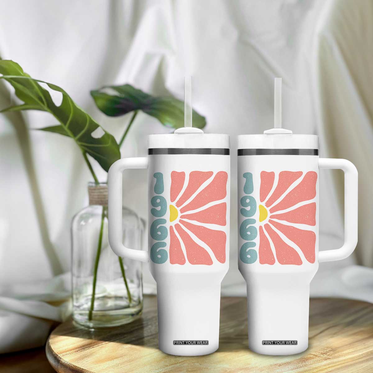 60th Birthday Tumbler With Handle Vintage 1966 Boho Flowers 60 Years Old Birthday