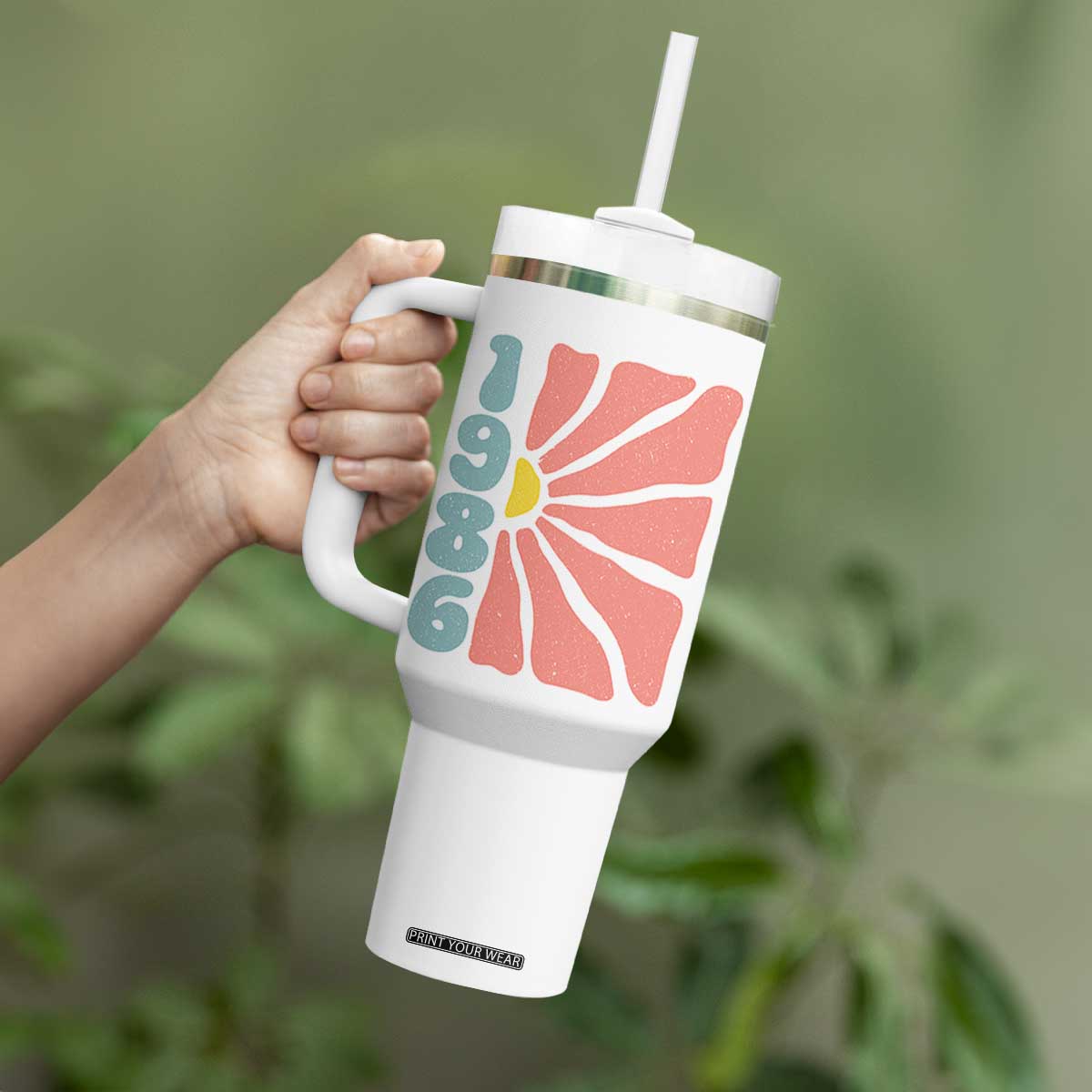 40th Birthday Tumbler With Handle Vintage 1986 Boho Flowers 40 Years Old Birthday