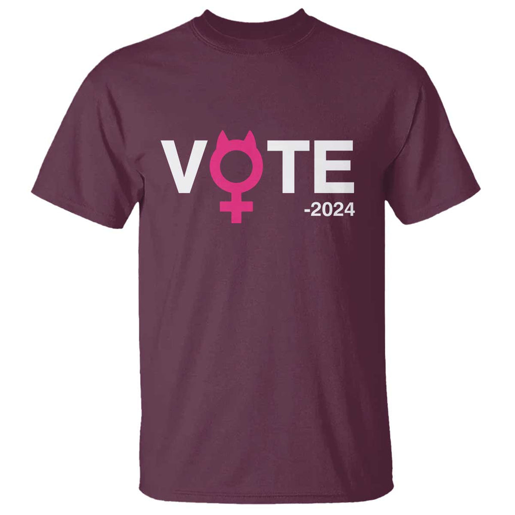 Funny Vote 2024 T Shirt Cat Woman Sign Harris President 2024 TS11 Maroon Print Your Wear