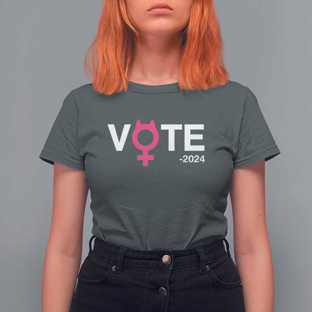 Funny Vote 2024 T Shirt For Women Cat Woman Sign Harris President 2024 TS11 Dark Heather Print Your Wear