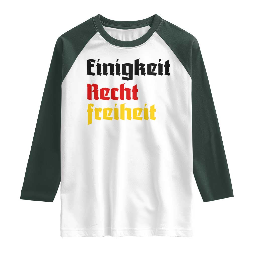 German Heritage Raglan Shirt Einigkeit Recht Freiheit Germany Flag TS11 White Dark Forest Green Print Your Wear