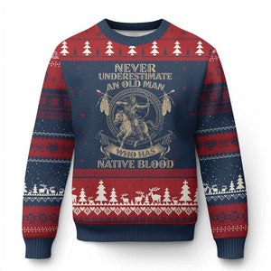 Never Underestimate An Old Man Who Has Native Blood Ugly Christmas Sweater Native American Warrior - Print Your Wear