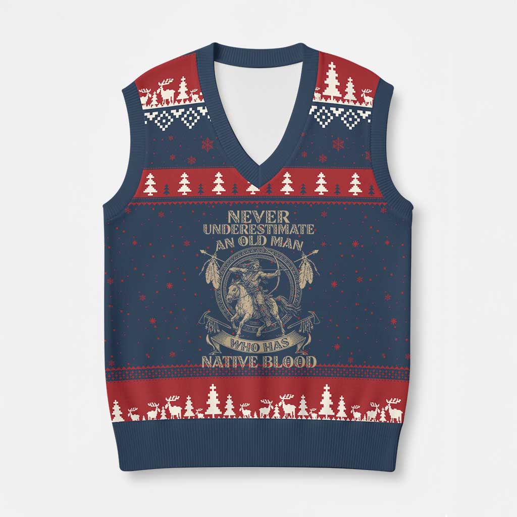 Never Underestimate An Old Man Who Has Native Blood V-Neck Knit Sweater Vest Native American Warrior - Print Your Wear