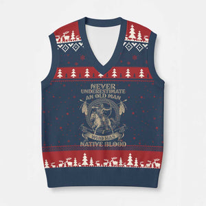 Never Underestimate An Old Man Who Has Native Blood V-Neck Knit Sweater Vest Native American Warrior - Print Your Wear