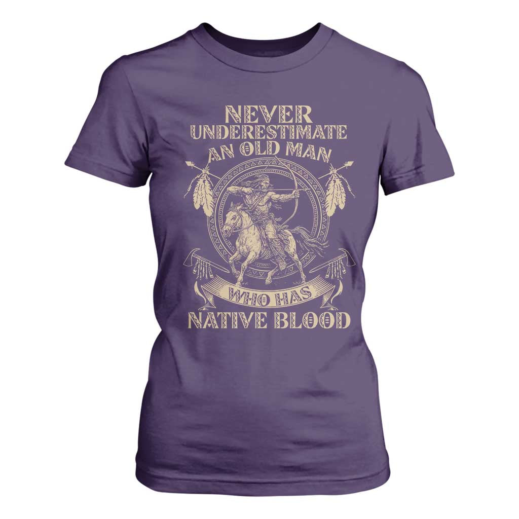 Never Underestimate An Old Man Who Has Native Blood T Shirt For Women Native American Warrior TS11 Purple Print Your Wear
