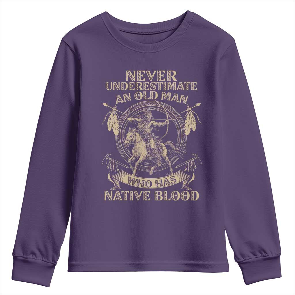 Never Underestimate An Old Man Who Has Native Blood Youth Sweatshirt Native American Warrior TS11 Purple Print Your Wear