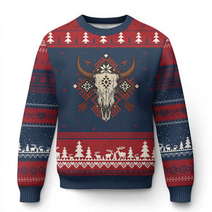 Native American Longhorn Bull Skull Tribal Arrows Ugly Christmas Sweater - Print Your Wear