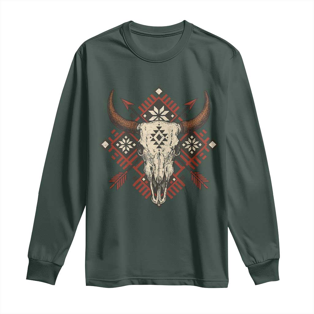 Native American Longhorn Bull Skull Tribal Arrows Long Sleeve Shirt TS11 Dark Forest Green Print Your Wear