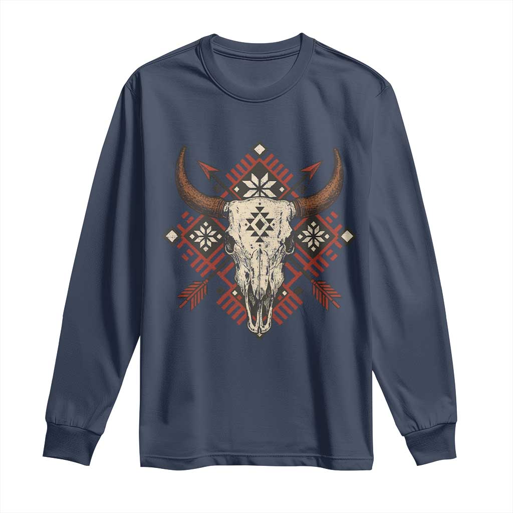 Native American Longhorn Bull Skull Tribal Arrows Long Sleeve Shirt TS11 Navy Print Your Wear