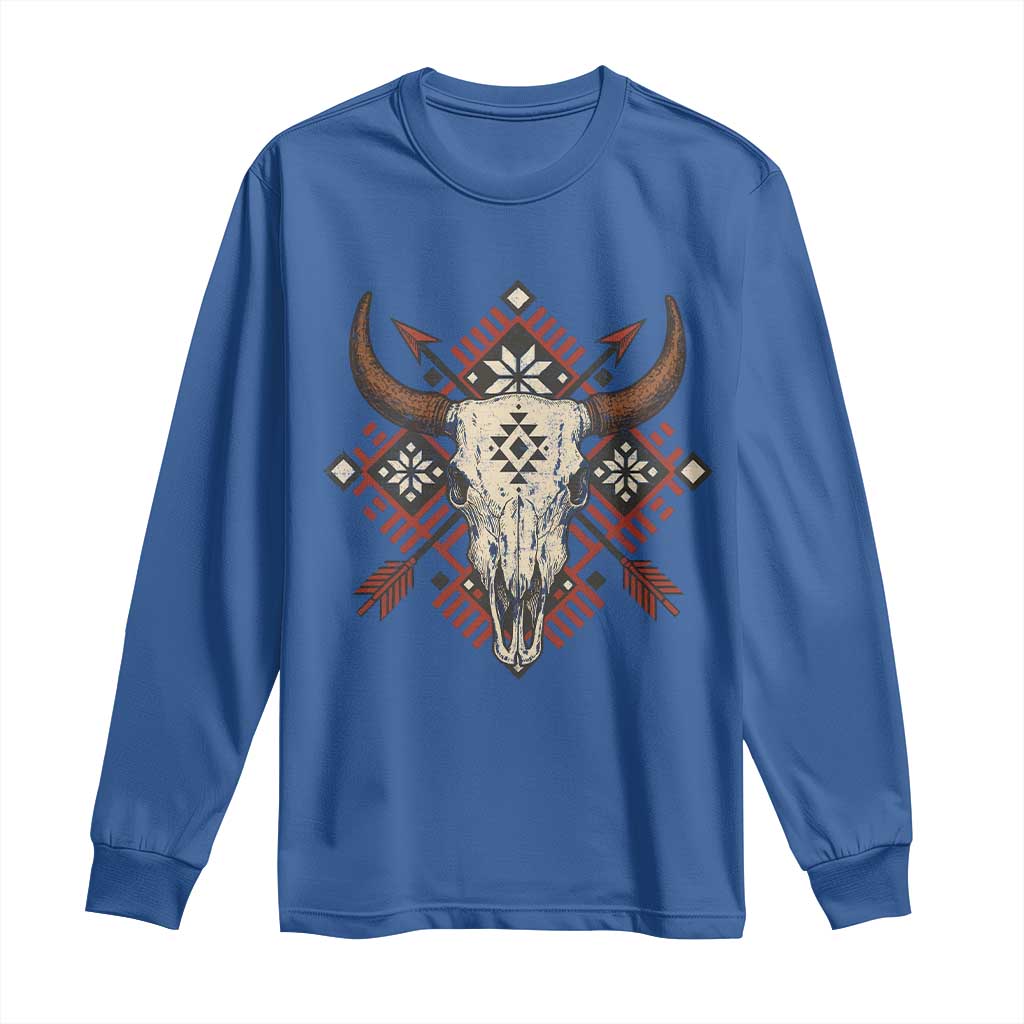 Native American Longhorn Bull Skull Tribal Arrows Long Sleeve Shirt TS11 Royal Blue Print Your Wear
