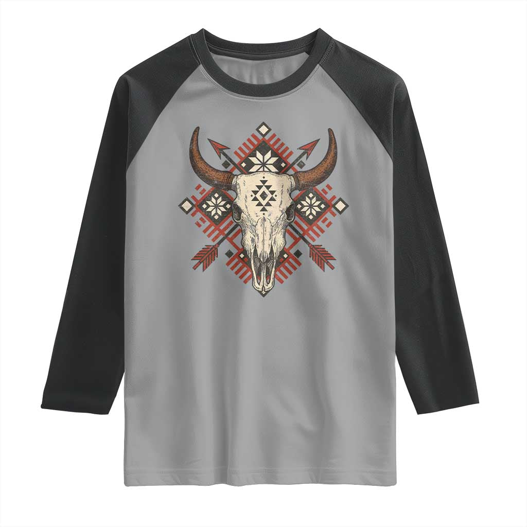 Native American Longhorn Bull Skull Tribal Arrows Raglan Shirt TS11 Sport Gray Black Print Your Wear