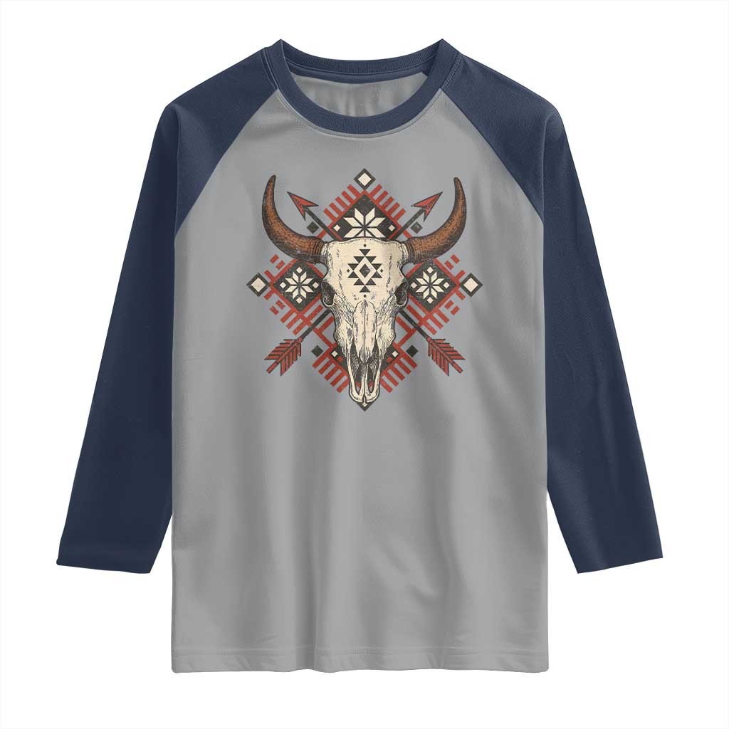 Native American Longhorn Bull Skull Tribal Arrows Raglan Shirt TS11 Sport Gray Navy Print Your Wear