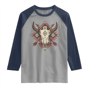 Native American Longhorn Bull Skull Tribal Arrows Raglan Shirt TS11 Sport Gray Navy Print Your Wear