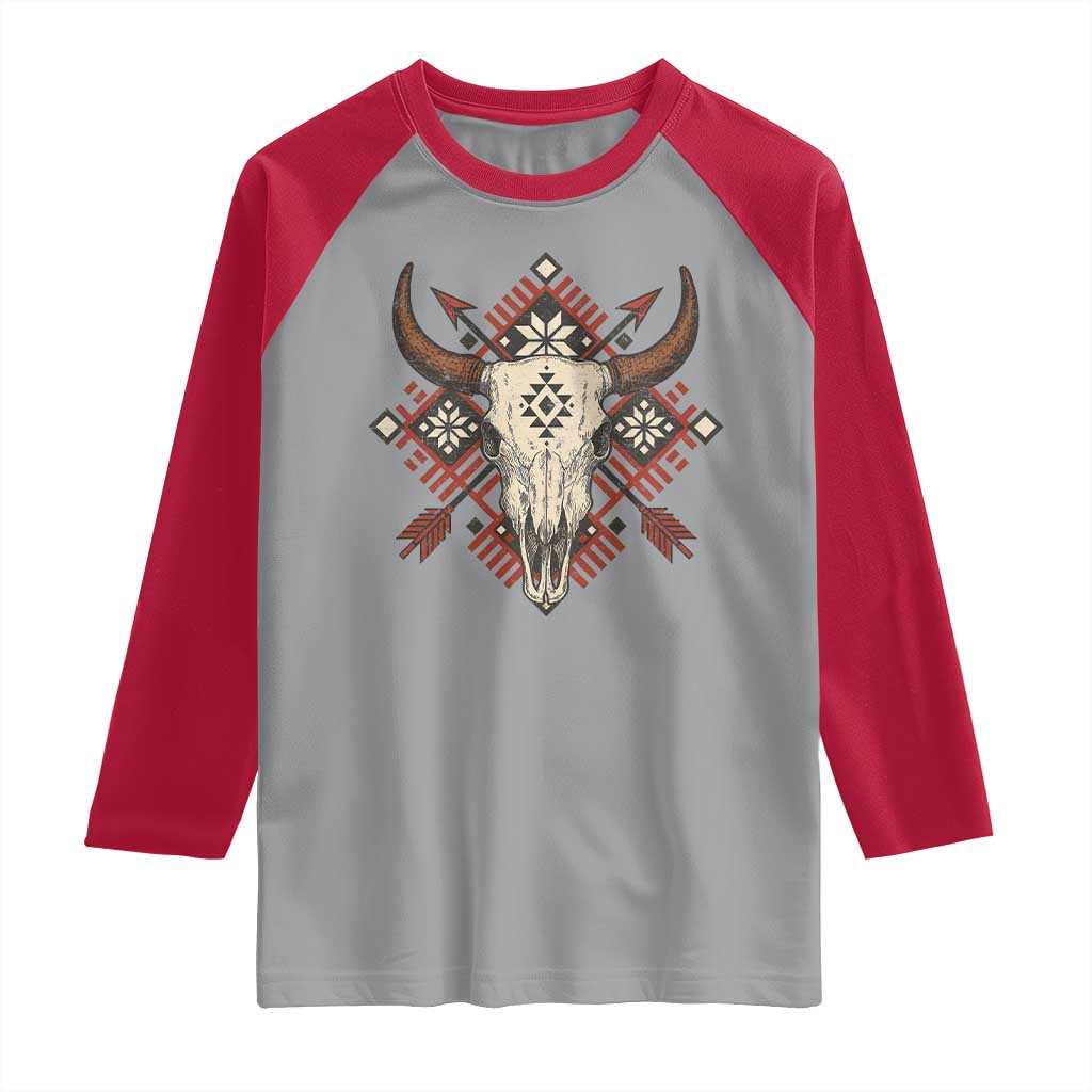 Native American Longhorn Bull Skull Tribal Arrows Raglan Shirt TS11 Sport Gray Red Print Your Wear