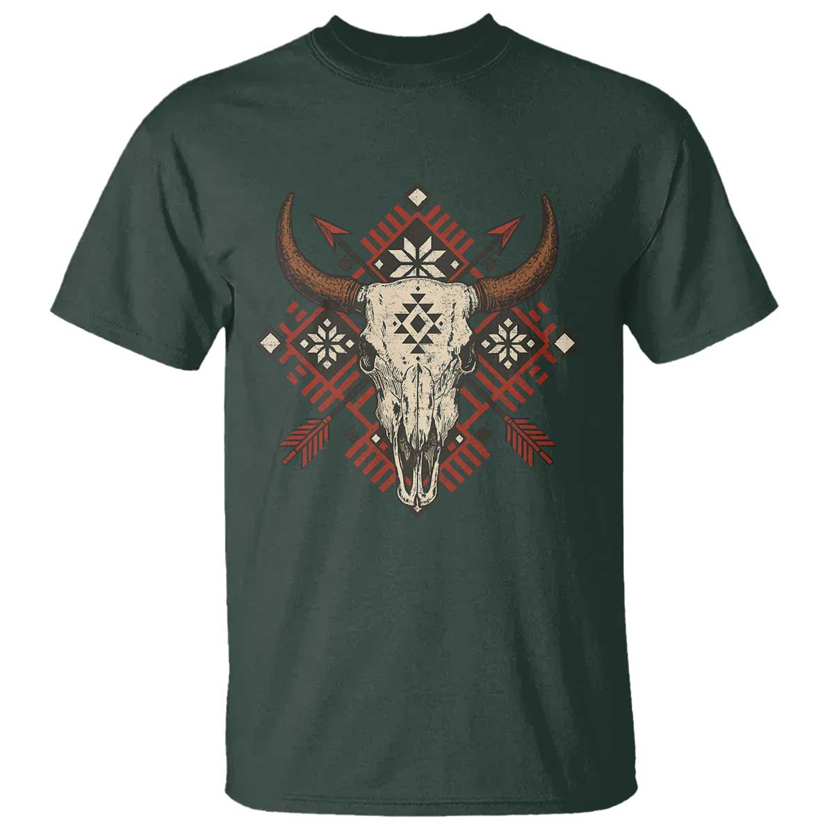 Native American Longhorn Bull Skull Tribal Arrows T Shirt TS11 Dark Forest Green Print Your Wear