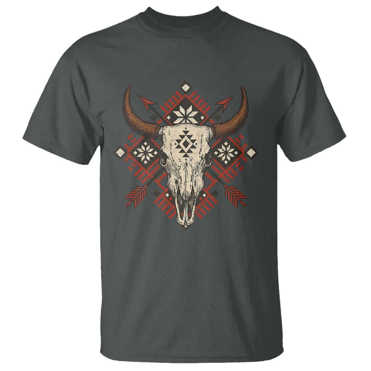 Native American Longhorn Bull Skull Tribal Arrows T Shirt TS11 Dark Heather Print Your Wear