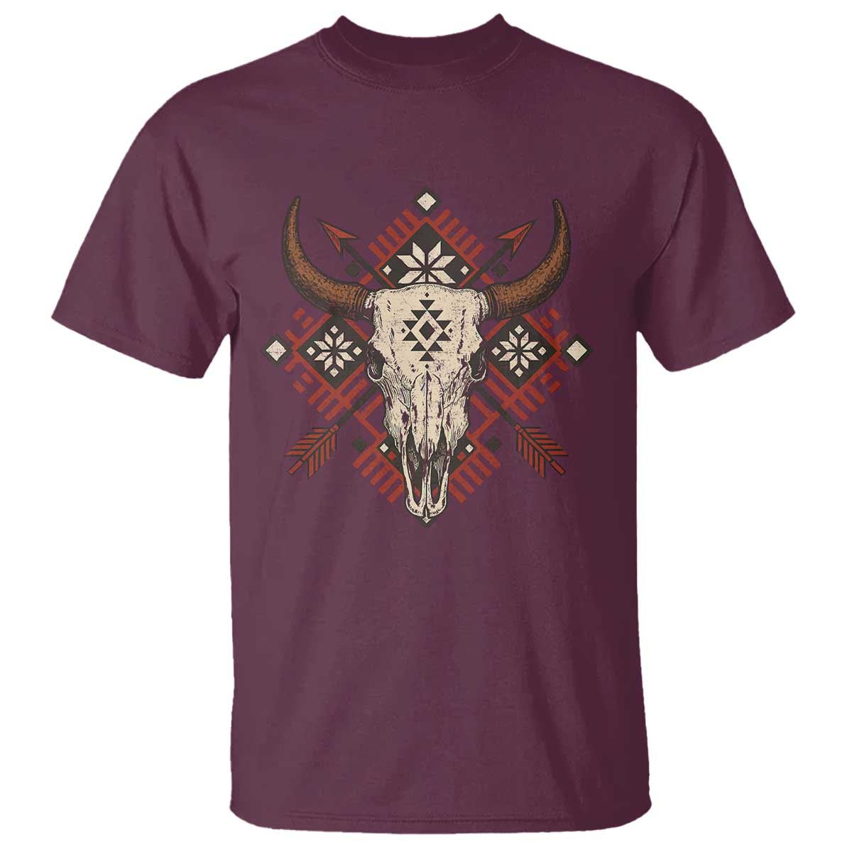 Native American Longhorn Bull Skull Tribal Arrows T Shirt TS11 Maroon Print Your Wear