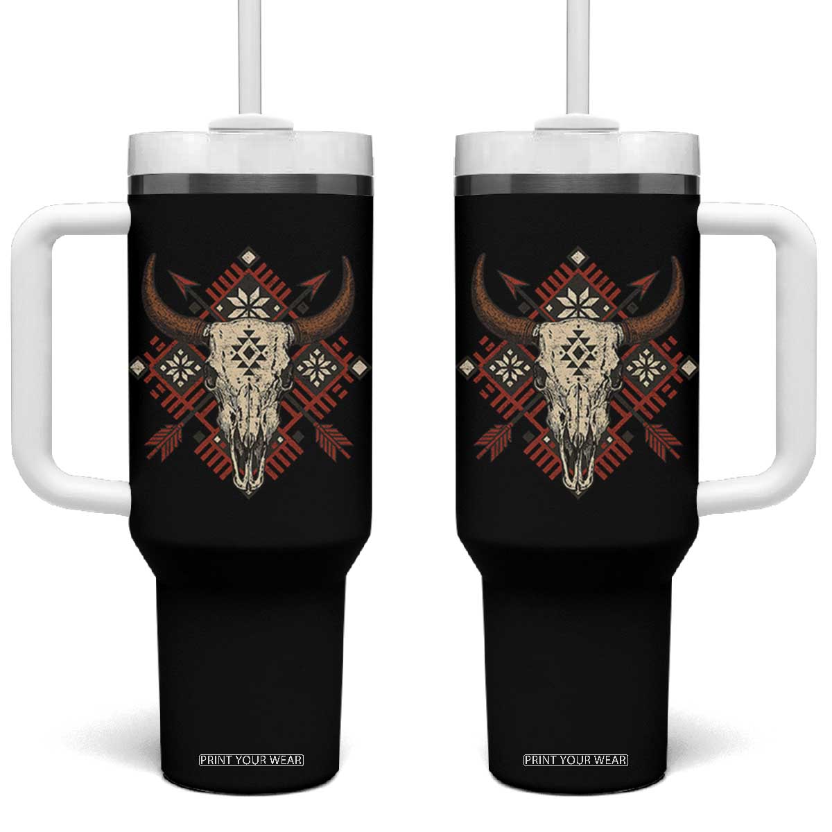 Native American Longhorn Bull Skull Tribal Arrows Tumbler With Handle TS11 One Size: 40 oz Black Print Your Wear