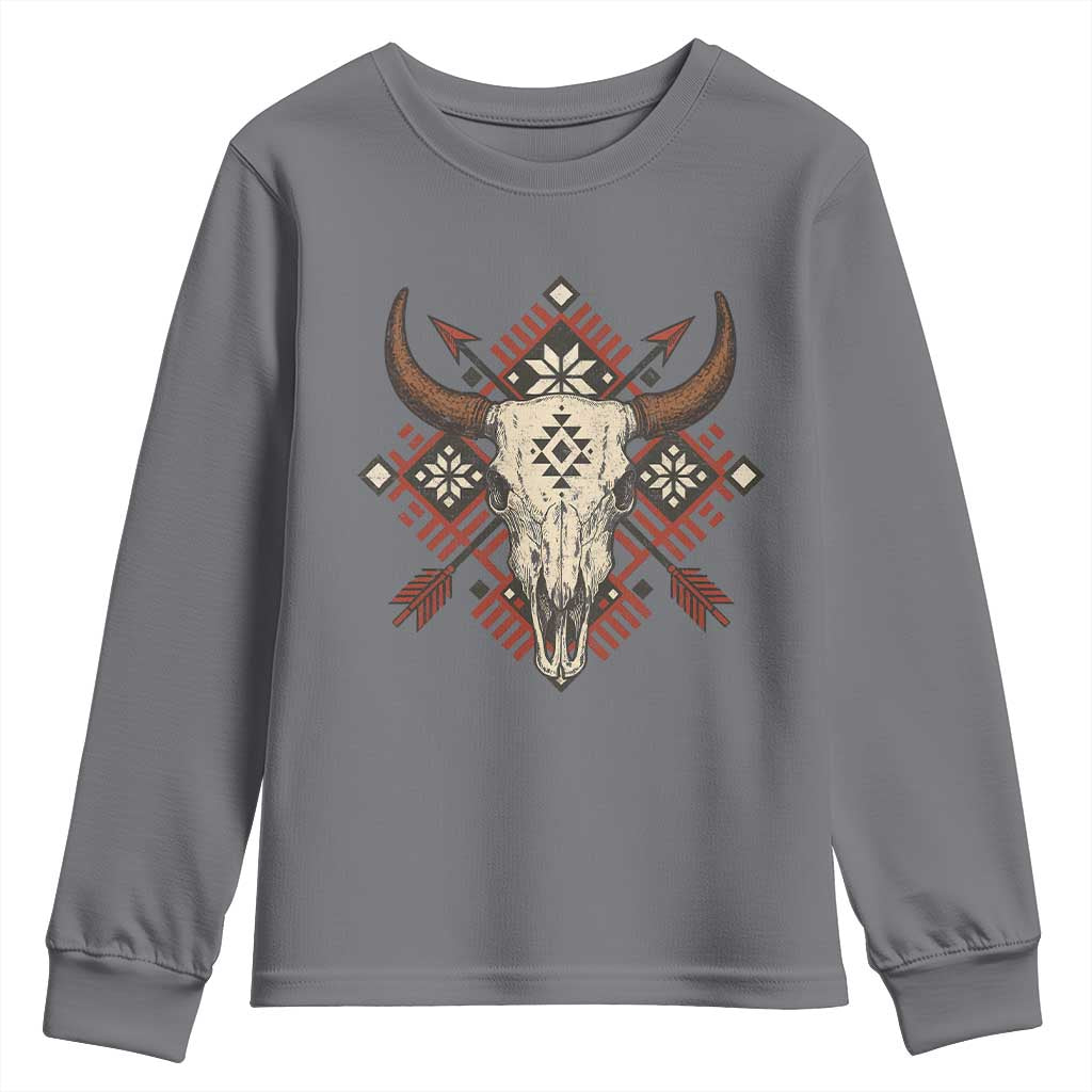 Native American Longhorn Bull Skull Tribal Arrows Youth Sweatshirt TS11 Charcoal Print Your Wear