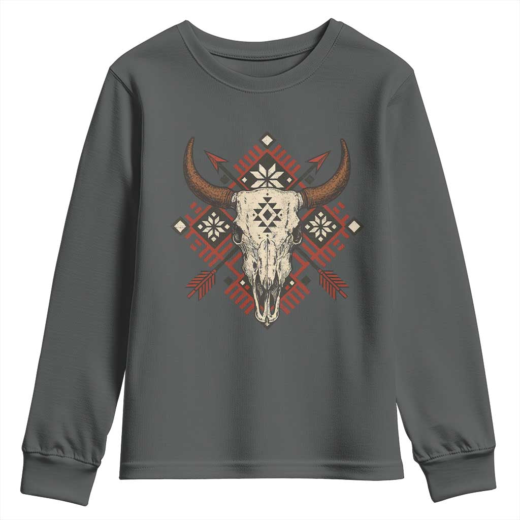 Native American Longhorn Bull Skull Tribal Arrows Youth Sweatshirt TS11 Dark Heather Print Your Wear