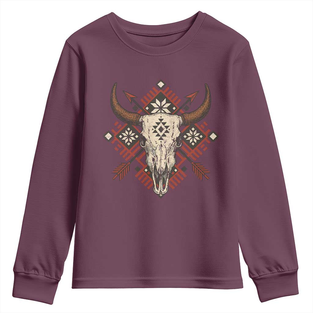 Native American Longhorn Bull Skull Tribal Arrows Youth Sweatshirt TS11 Maroon Print Your Wear
