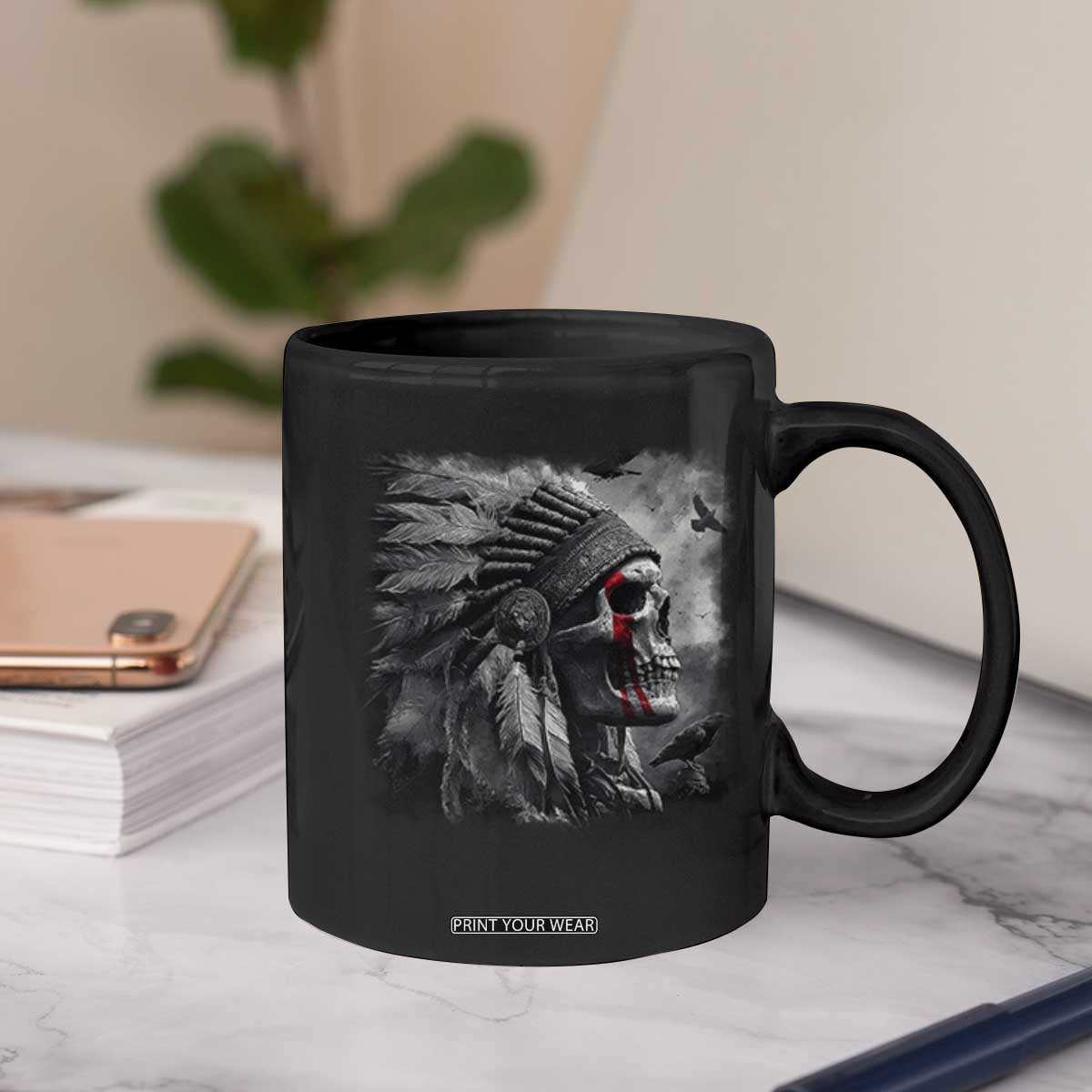 Native American Indian Chief Skull Headdress Crow Coffee Mug TS11 Print Your Wear